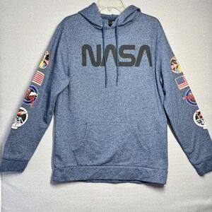 NASA Patches Aldrin Family Foundation Hoodie Mens Large Blue Fleece Pullover